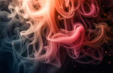 Abstract image of swirling, translucent smoke in shades of pink, orange, and grey against a dark background, speckled with golden light.