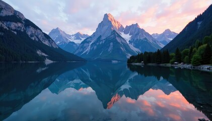 Watzmann mountain reflection in a lake at dawn, serenity, alps