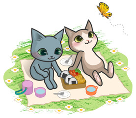 ピクニックに出かけて草原にシートを敷き、お弁当を広げている2匹の猫のキャラクター