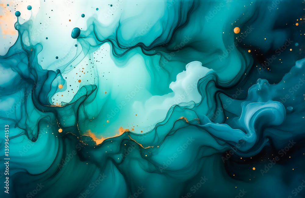 Poster Fluid teal and gold abstract art. Swirling, marbled textures create a mesmerizing, ethereal effect.  Gold flecks add luminosity.