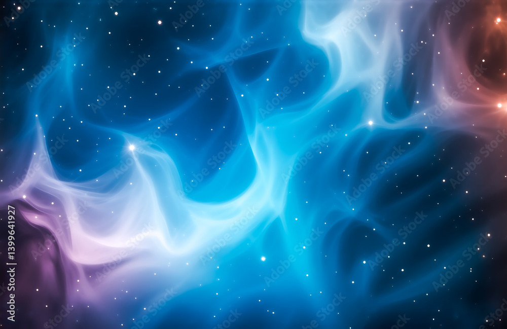 Poster ethereal nebula swirls in cosmic space, glowing with vibrant blues, purples, and hints of orange. di