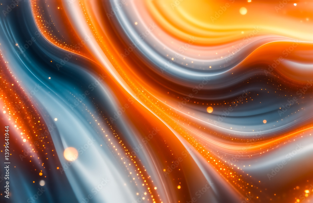 Aufkleber abstract swirling blend of orange, teal, and white, speckled with golden light. the colors flow dyna