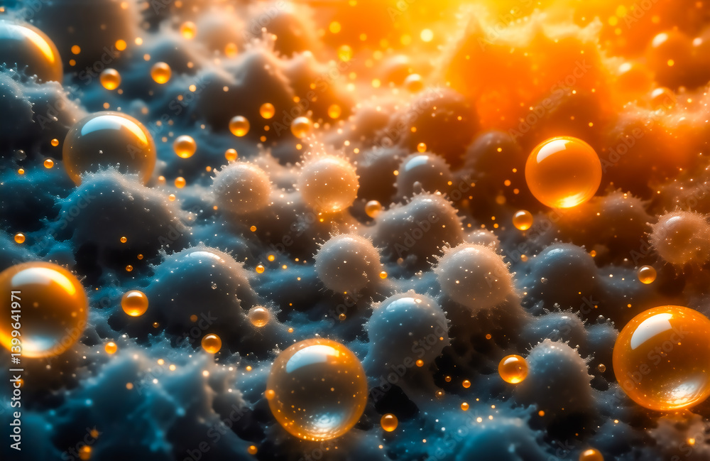 Leinwandbilder Abstract image of glowing orbs scattered across a dark, textured surface.  Warm orange light illuminates the scene, creating a contrast between light and shadow.