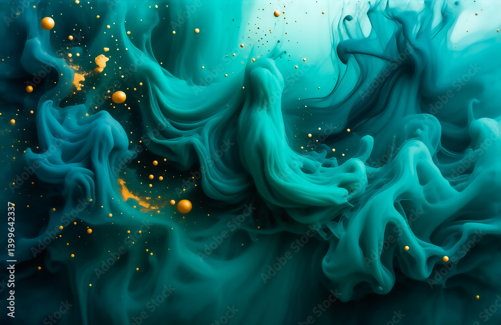Leinwandbilder abstract image of swirling teal and gold inks in water. the colors blend and create a mesmerizing, e