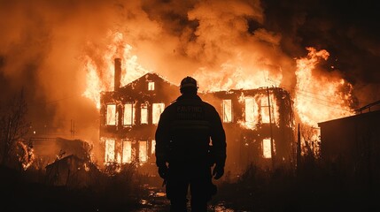 Silhouette of a firefighter in front of a burning building, smoke rising 