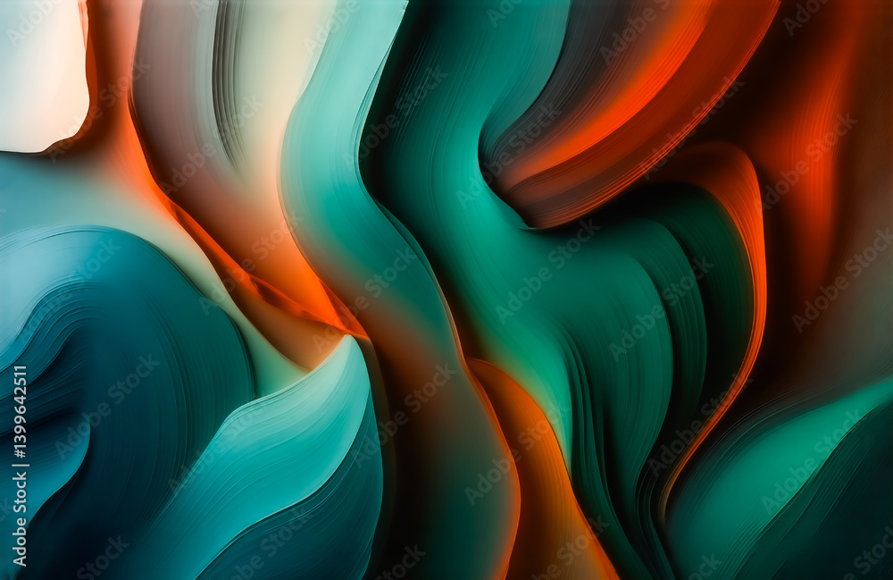 Fototapete abstract image featuring vibrant teal, orange, and cream hues. fluid, undulating forms create a dyna