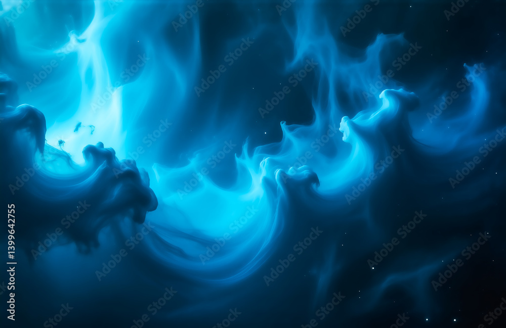Poster abstract image of swirling, luminous blue and dark blue forms resembling smoke, clouds, or nebulae. 
