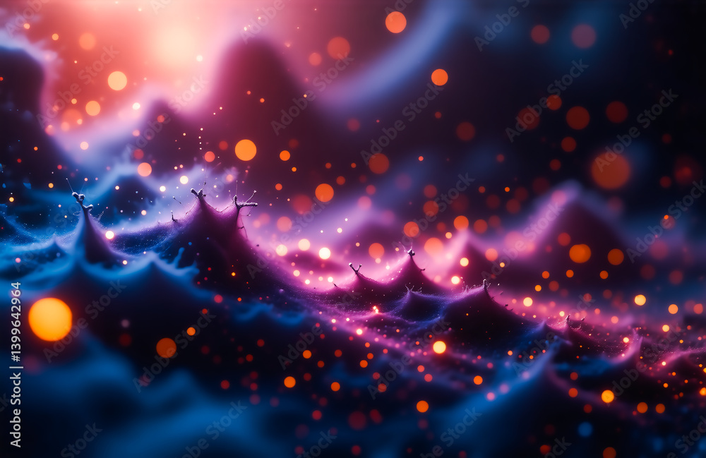 Poster abstract digital art depicting a vibrant, otherworldly landscape. glowing particles and undulating f