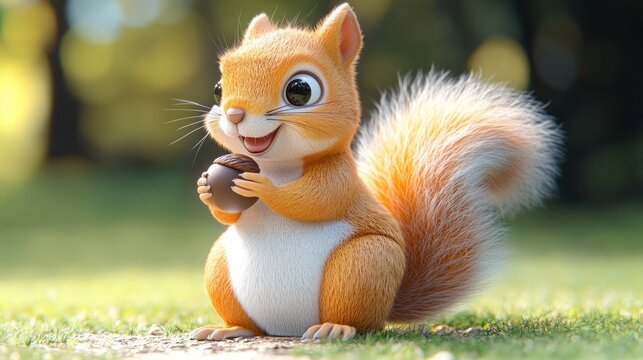 Cute cartoon squirrel holding acorn in park