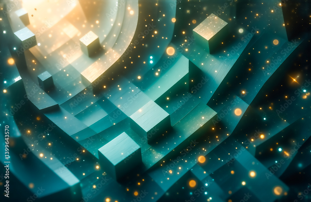 Poster abstract digital artwork depicting a swirling cosmic landscape of teal and gold geometric cubes and 