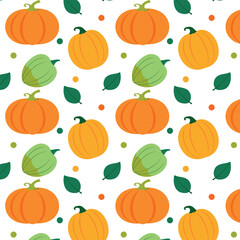 Seamless autumn pattern with pumpkins and leaves