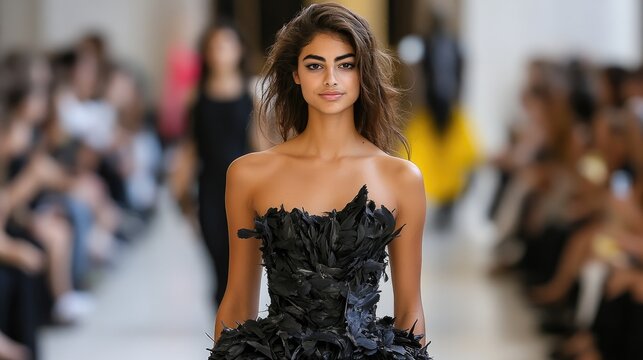A fashion model walking the runway in an outfit made entirely of live pigeons