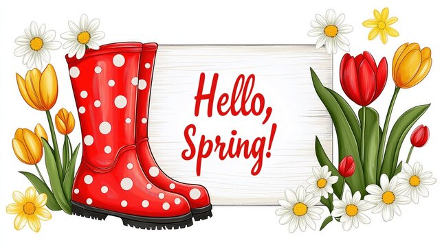 Pair red polka dot rain boots stand near wooden sign hello, spring, surrounded by flowers 