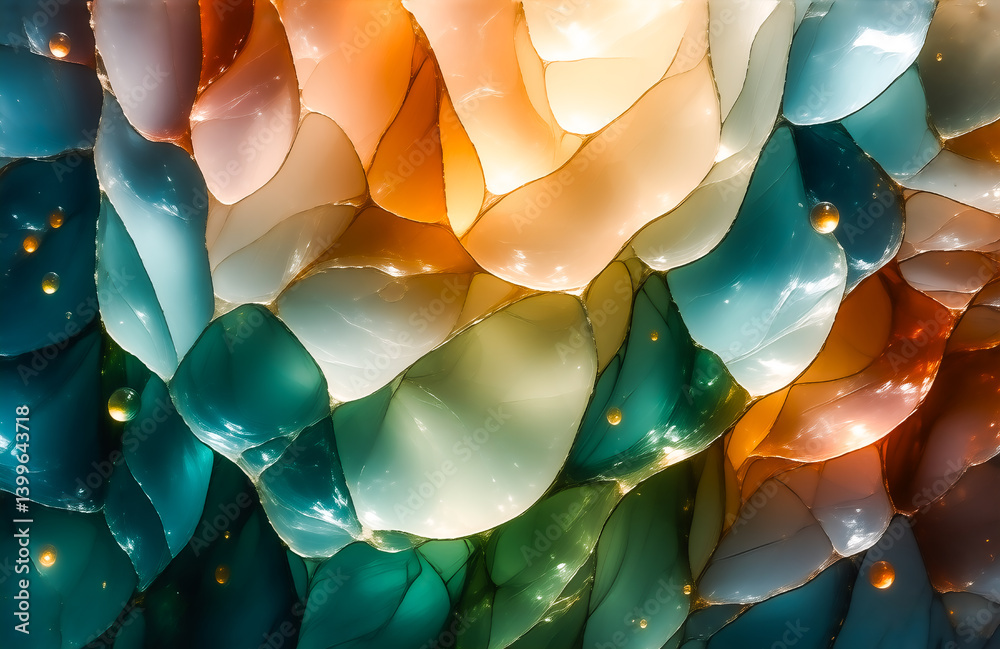 Poster abstract art featuring swirling, translucent forms in teal, orange, and beige tones. light plays acr