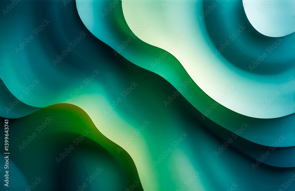 Poster abstract image featuring swirling, undulating forms in teal, green, and white hues. the shades creat