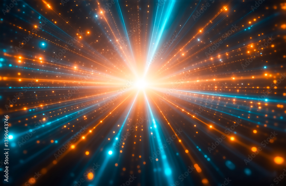 Poster a vibrant burst of light, radiating outwards in streaks of orange and teal, against a dark backgroun
