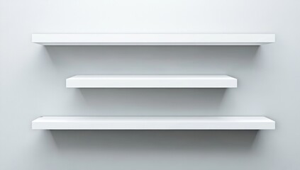 Empty white shelves against a light gray wall.  Three horizontal shelves are displayed, ready for d?cor