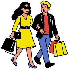 Shopping Couple: A bright and stylish illustration of a man and woman with shopping bags.