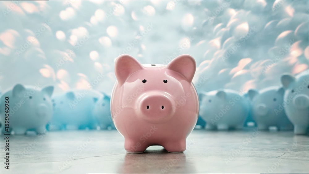 Poster surreal piggy bank in dreamy background with blurred visual elements