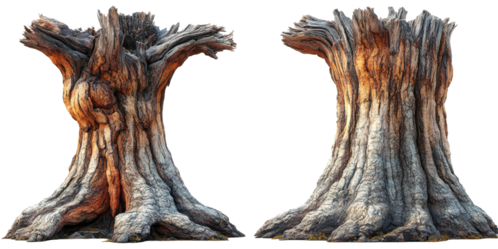 An ancient sequoia tree with a massive trunk isolated on white background