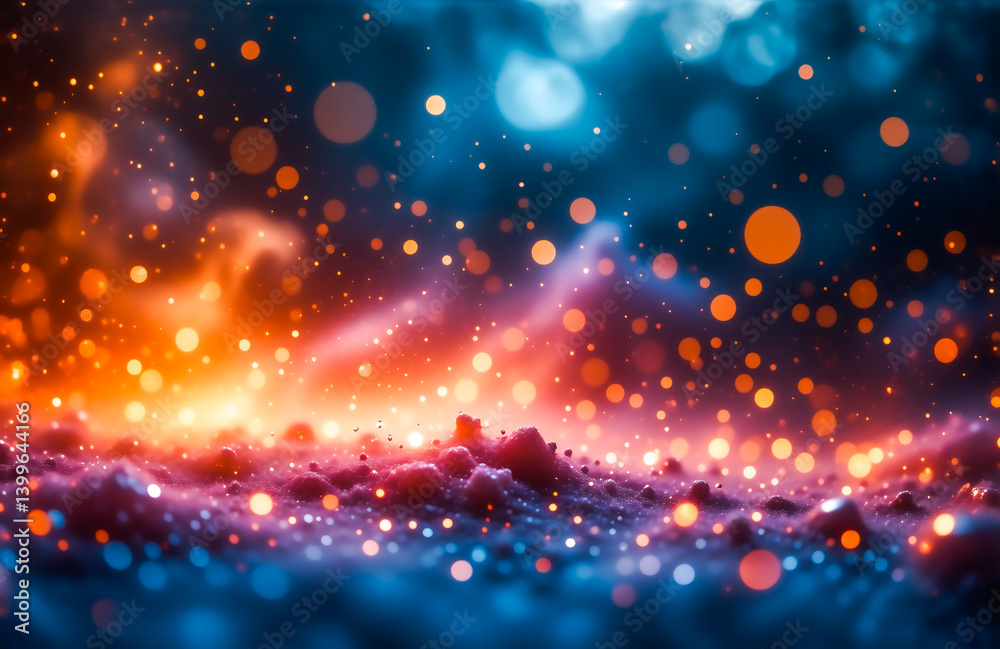 Poster abstract image of a fiery, cosmic landscape. glowing particles and bokeh create a magical, otherworl