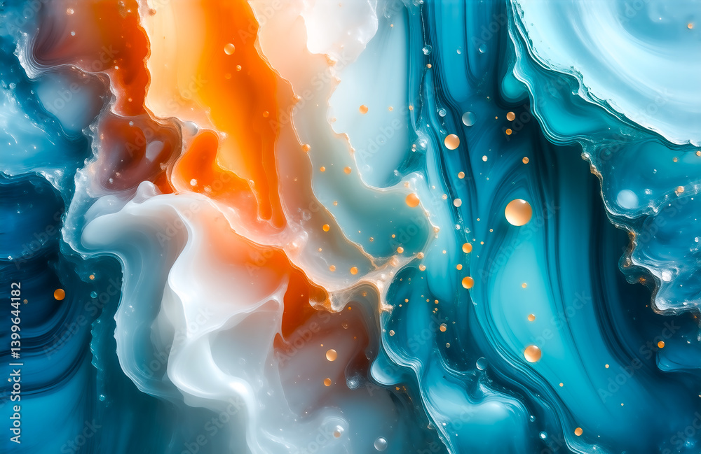 Poster abstract fluid art featuring swirling orange, teal, and white paint. bubbles and droplets add textur