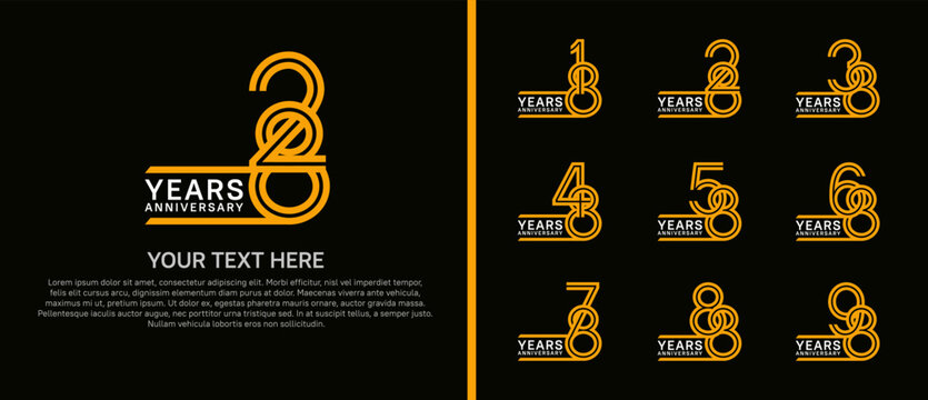 logo anniversary set. orange and white color on black background for special event