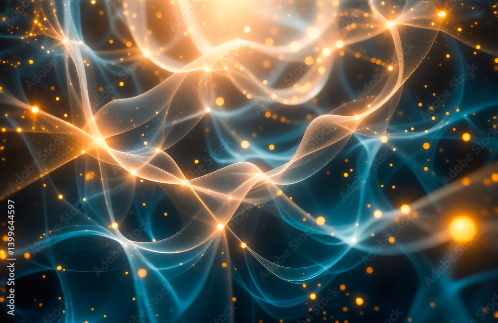 Aufkleber Intricate, glowing teal and orange energy flows weave through a dark background, speckled with golden dust.  The ethereal forms create a sense of movement and cosmic energy.