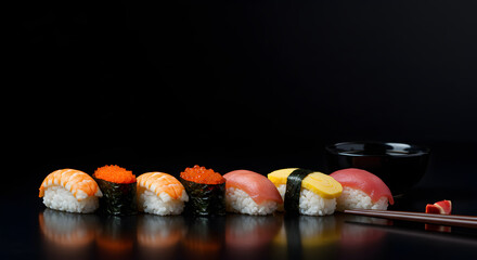 Gourmet Japanese Sushi Platter Highlighting Vibrant Colors and Fine Details Against a Dark Background