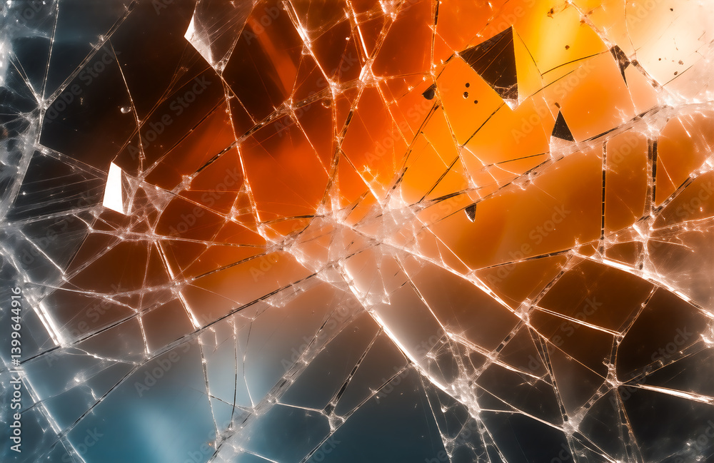 Leinwandbilder shattered glass fragments create an abstract design. orange and blue hues contrast against the fract