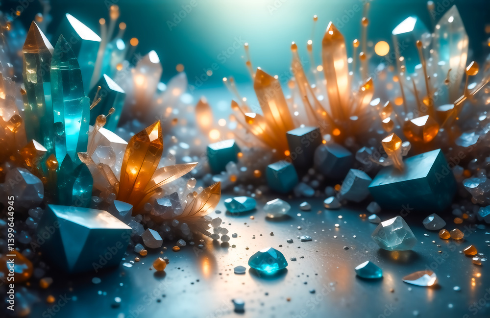 Poster Luminous teal and amber crystals burst forth, glittering on a dark surface.  Their facets catch the light, creating a magical, ethereal scene.  Small, scattered gems add to the sparkling spectacle.