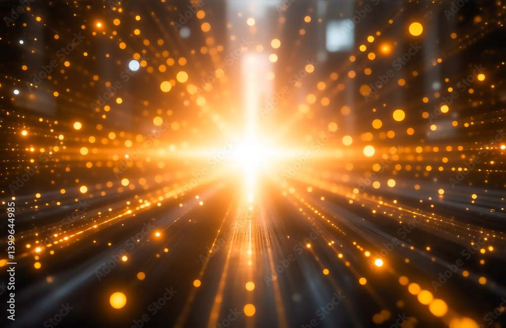 Aufkleber A radiant, golden light explodes from the center, creating a mesmerizing burst of energy.  Sparkling particles stream outwards, forming dynamic lines against a dark background.  The effect is both pow