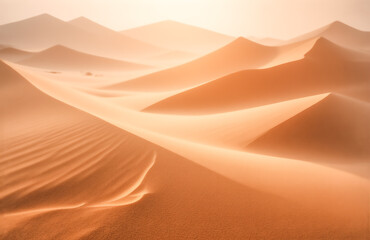 Golden hour illuminates a vast, undulating desert landscape.  Rippled sand dunes stretch to hazy mountains under a soft light.  A sense of serenity and immense scale pervades the scene.