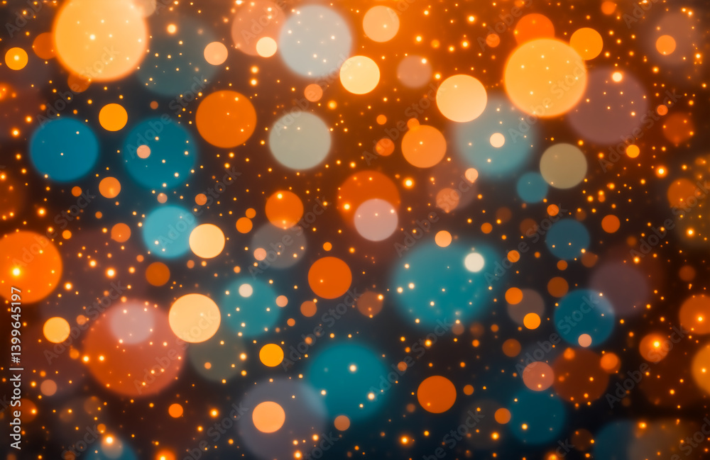 Poster shimmering bokeh effect with orange, teal, and white lights on a dark background. sparkling and vibr