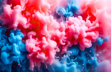 Abstract image of vibrant pink and blue inks swirling and mixing in water, creating a dynamic, colorful, and ethereal effect with visible air bubbles.