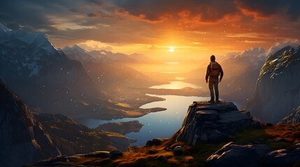 Obraz premium Spectacular sunset vista over ocean cliffs with a lone figure enjoying the view at dusk