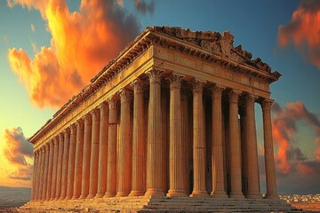 Obraz premium Ancient temple facade with tall columns, golden hour sunlight and sunset sky background