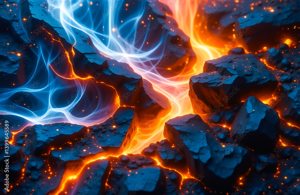 Poster fiery orange and cool blue energy streams flow between dark, glowing coals. the contrast creates a v