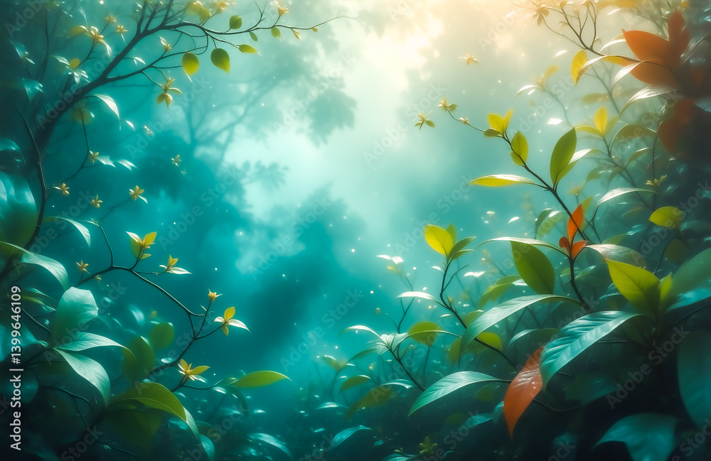 Poster sunlit mist filters through lush green foliage, creating an ethereal rainforest scene. the vibrant l