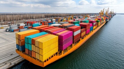 Fototapeta premium Scenic port image with clear weather, active cargo handling, and colorful containers loaded onto ships for export