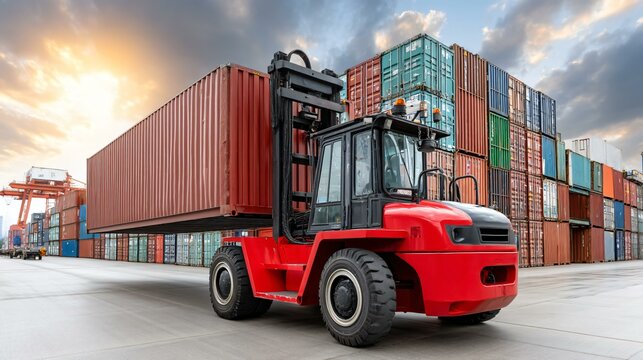 Realistic cargo handling scene at port with box load operations, heavy machinery and maritime transport vessels