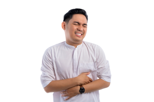 Handsome Asian Muslim man having stomach ache, touching sore stomach isolated on transparent background