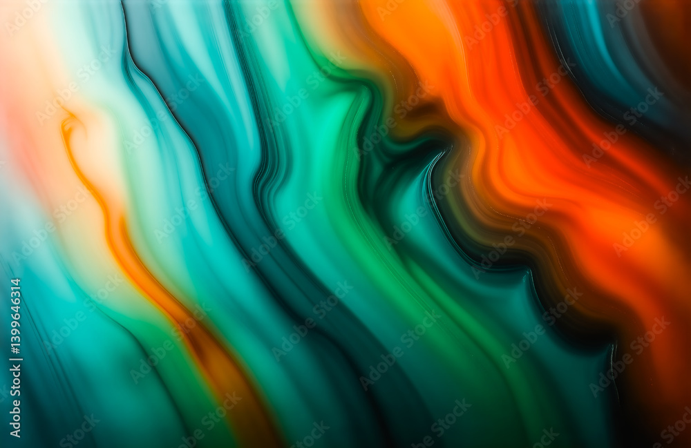 Poster abstract fluid art showcasing vibrant teal, orange, and dark green hues. swirling, dynamic lines cre