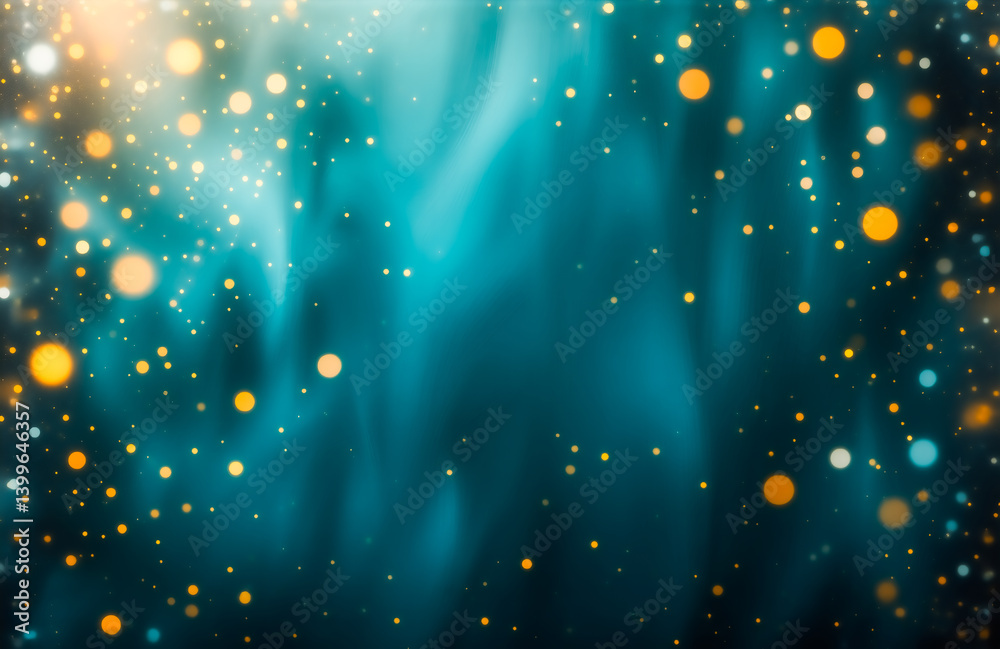 Poster Abstract teal and gold bokeh background. Shimmering particles and soft light create a dreamy, ethereal atmosphere. Perfect for festive or magical designs.