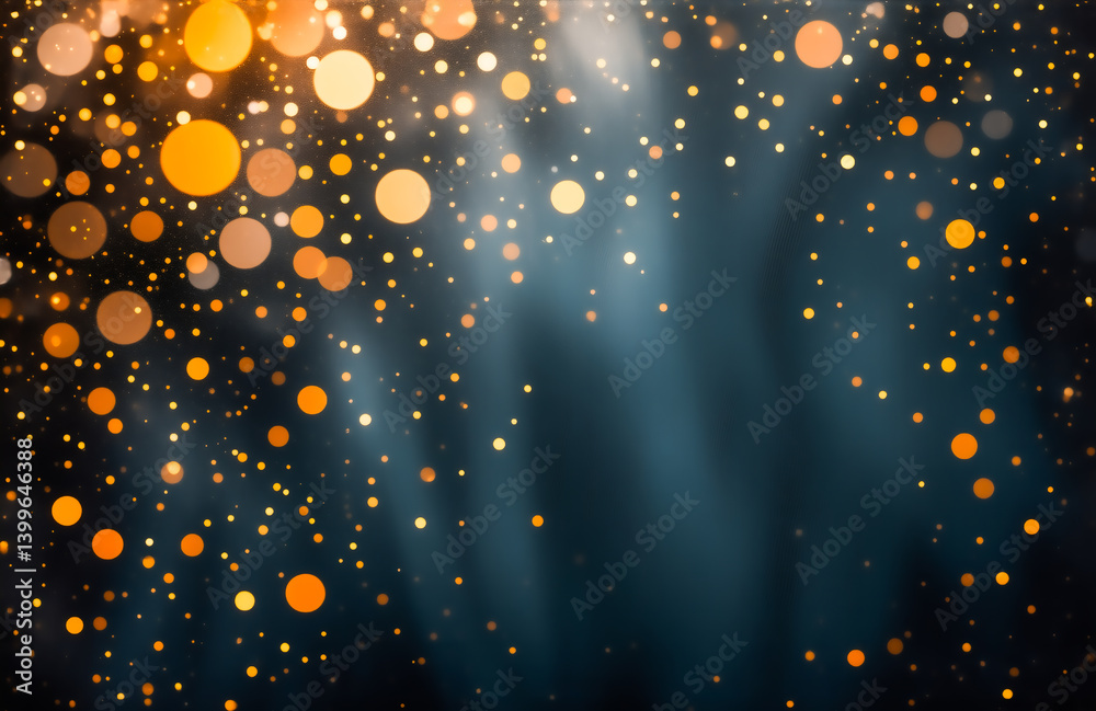 Poster Golden and amber bokeh lights shimmer and fall against a dark blue background, creating a magical, celebratory atmosphere.  Light rays stream downwards, adding depth.
