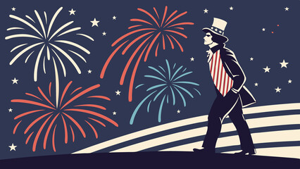 Uncle Sam Silhouette with Exploding Fireworks