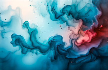 Abstract art featuring swirling teal, pink, and maroon inks blended in water.  The colors create a dynamic, ethereal composition with subtle speckles.