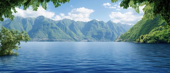 Serene lake, mountain view, leafy frame, postcard