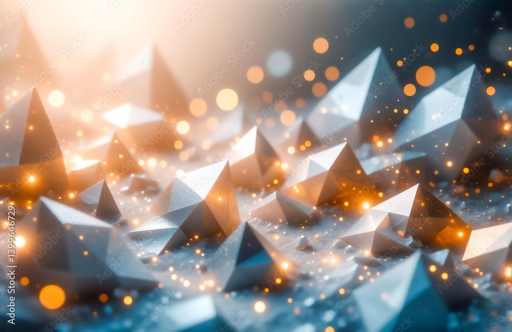 Leinwandbilder a field of metallic pyramids glistens under warm light, small particles floating in the air creating