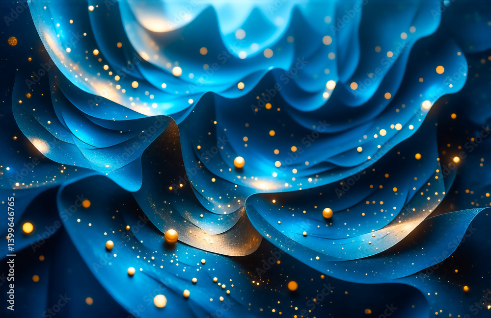 Aufkleber abstract image of flowing, dark blue fabric with embedded golden spheres and sparkling lights. the t